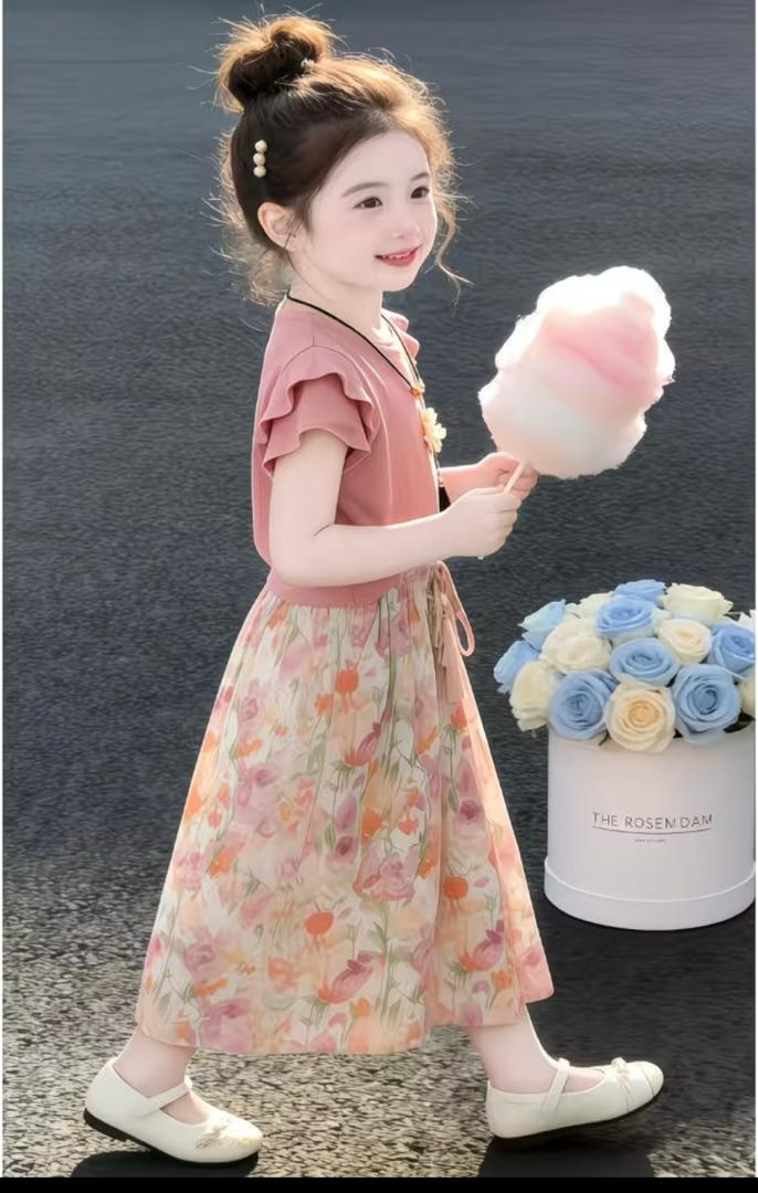 Girls Pink Ruffle Top & Floral Skirt Set