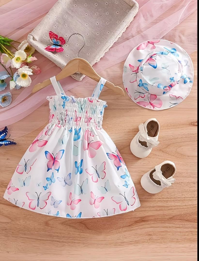 Girls white butterfly print smocked dress with matching sun hat