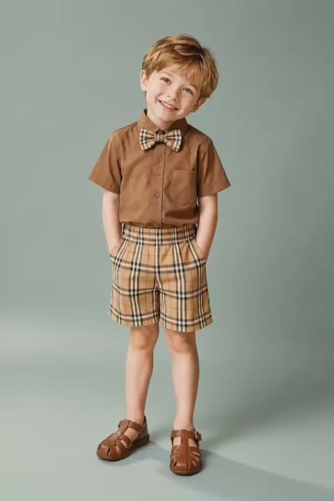 Boys Brown Shirt & Plaid Shorts Set with Bow Tie