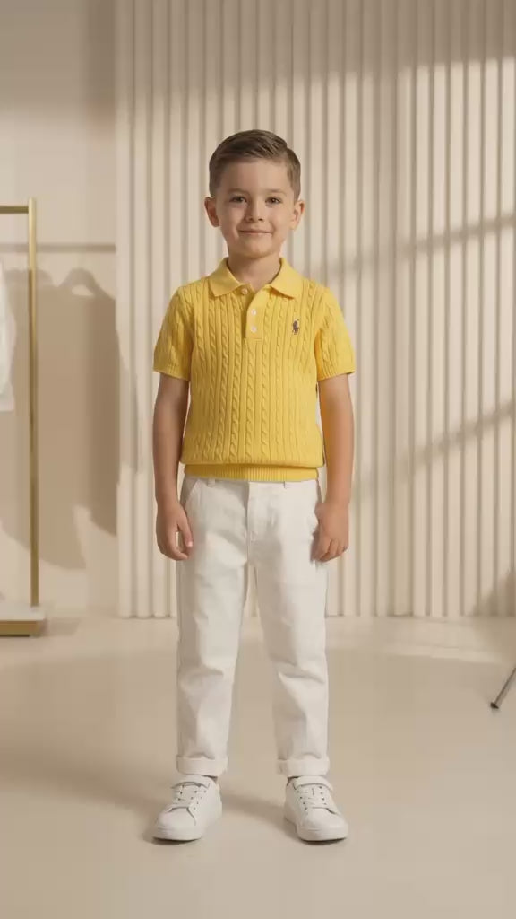 Boys Yellow Cable Knit Polo & White Trousers Set