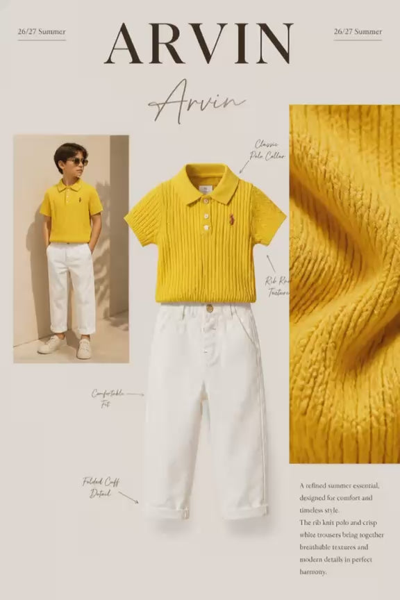 Boys Yellow Cable Knit Polo & White Trousers Set