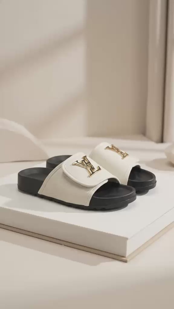 Kids Slide Slippers with Metal Logo Detail