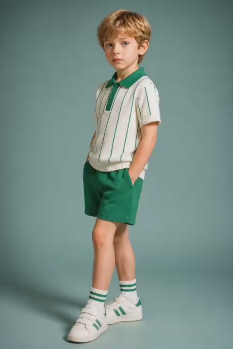 Boys Green Striped Polo Shirt & Shorts Set