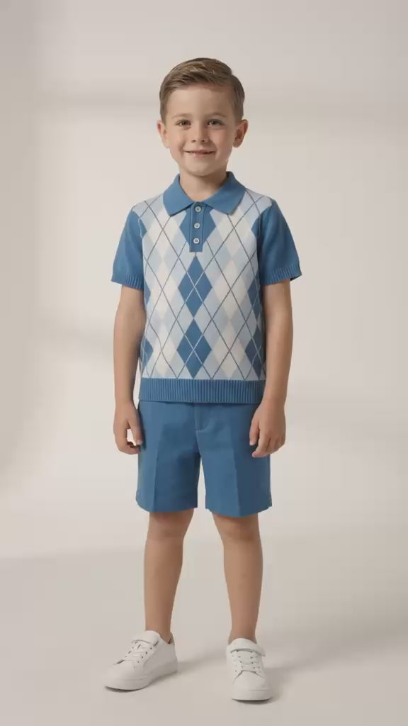 Boys Blue Argyle Polo Shirt & Shorts Set
